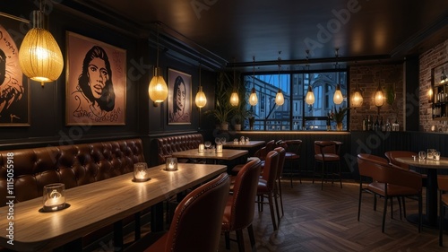 Stylish, intimate restaurant/bar interior with dark walls, brown leather booths, and warm lighting.