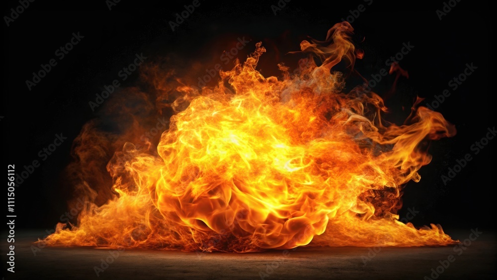 Obraz premium Explosive orange flame against black backdrop, fire, flames, explosion, vibrant, vivid, bright, hot, energy, dynamic, powerful