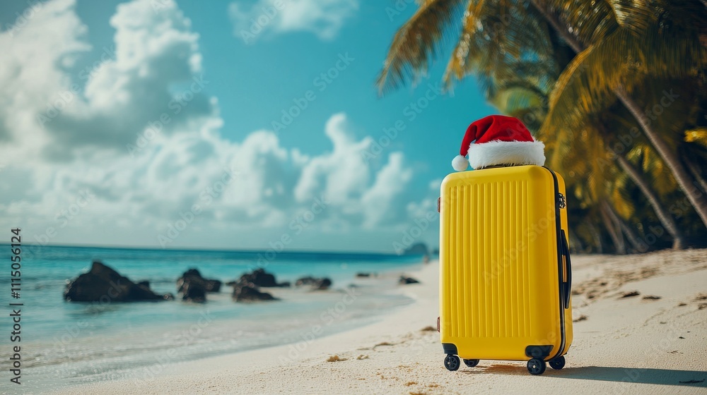 Yellow suitcase with Santa hat standing tall on a tropical beach Yellow suitcase with Santa hat standing tall on a tropical beach