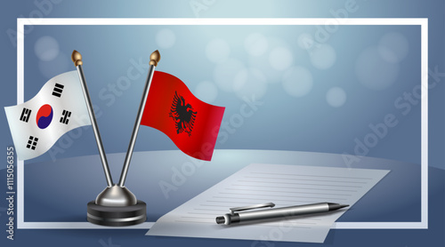 South Korea and  Albania, Small national flag on bokeh background, cooperative relationship
