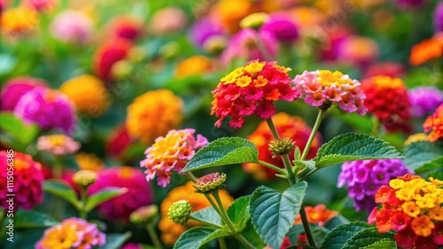 Vibrant lantana flowers in various colors blooming in a garden , Botanical, Beautiful, Bright, Blooming, Garden, Flora