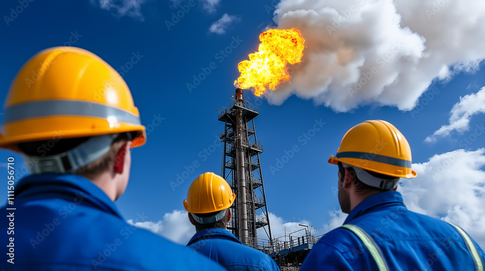 Engineers watching gas flare burning from chimney at refinery plant Engineers watching gas flare burning from chimney at refinery plant