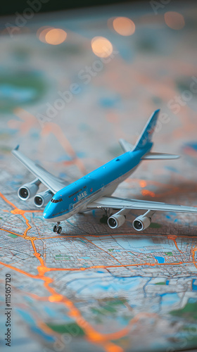 A model airplane positioned on a detailed map, symbolizing travel and exploration. photo