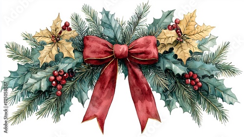 Elegant Christmas Wreath with Red Bow and Holly Berries Hanging on Wooden Door or Wall Classic Holiday with Fir Branches Pine Cones and Festive Elements photo