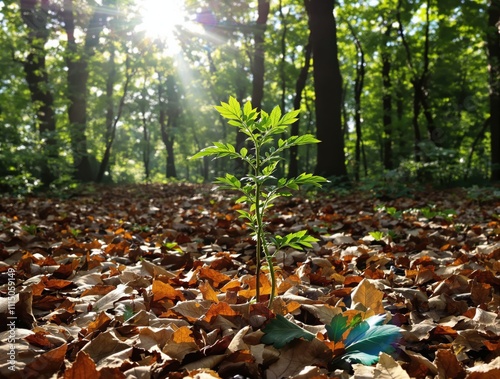 A young green sapling thriving amidst fallen autumn leaves in a serene forest, illuminated by sunlight, symbolizing growth, resilience, and the pursuit of personal goals in challenging conditions 