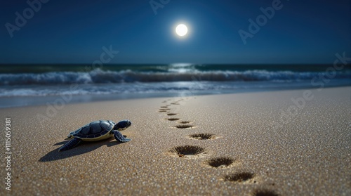 A baby sea turtle crawling on the sandy beach under the moonlight, leaving tracks toward the ocean, symbolizing perseverance, determination, and the journey toward achieving personal goals
