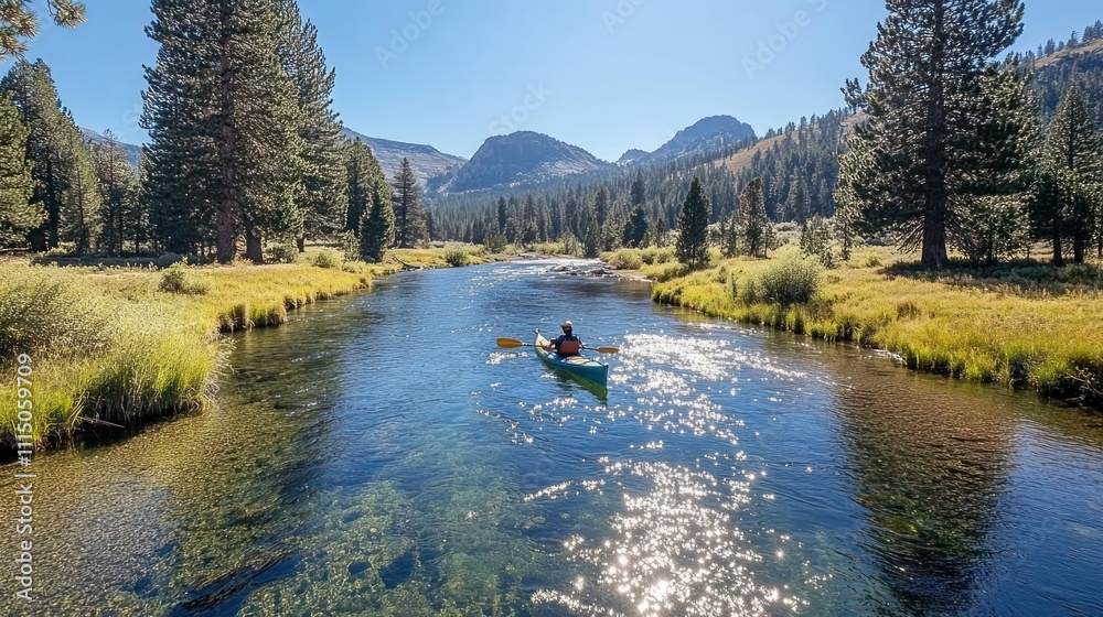 A person kayaking in a serene river surrounded by mountains and trees under a clear sky. A person kayaking in a serene river surrounded by mountains and trees under a clear sky.