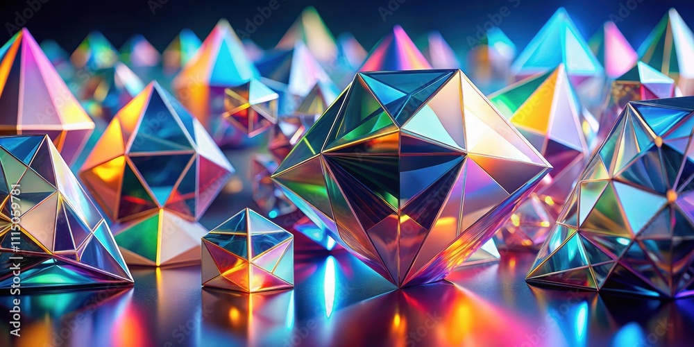Abstract render of geometric shapes made of reflective and refractive material with dispersion effects Abstract render of geometric shapes made of reflective and refractive material with dispersion effects