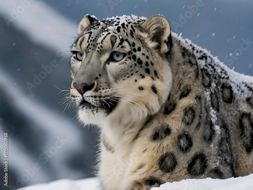 Snow Leopard: This elusive big cat, native to the mountains of Central Asia, is celebrated for its striking gray and white fur and exceptional ability to thrive in cold, high-altitude environments. photo