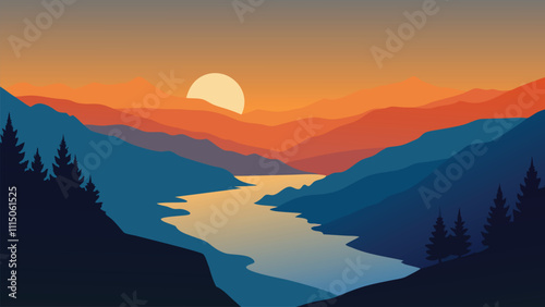  Sunset over the Columbia River, captured from above, highlighting the serene beauty of the landscape flat vector illustration natural background