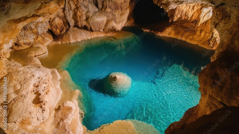 Fototapeta premium Discover hidden turquoise pool: Explore stunning underground cave formations and crystal-clear waters. Adventure awaits!
