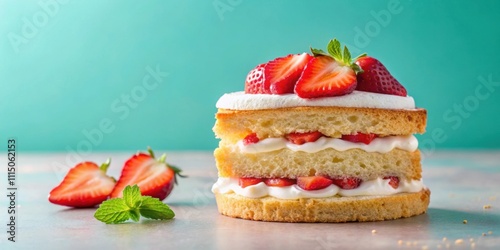 Strawberry shortcake with a slice cut out on a pastel background, dessert, sweet, baking, delicious, pastry, cream