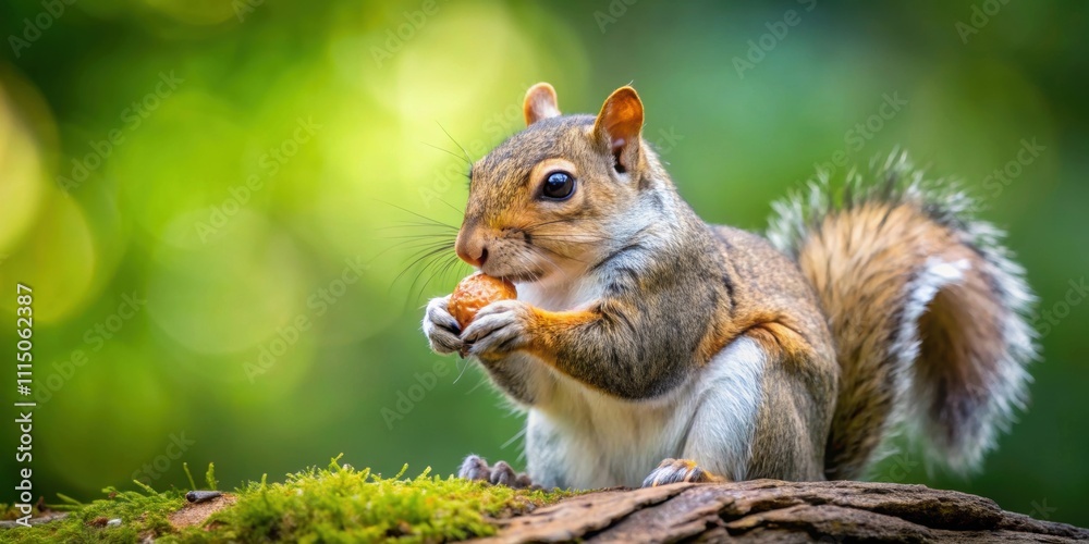 Obraz premium Close-up of a cute squirrel eating a nut in a forest setting, squirrel, animal, wildlife, nature, close-up, furry, rodent