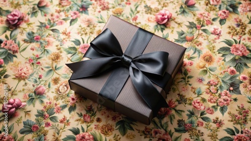 Luxurious gift box with black silk bow on floral wrapping paper, gift, box, black, silk, bow, floral, pattern