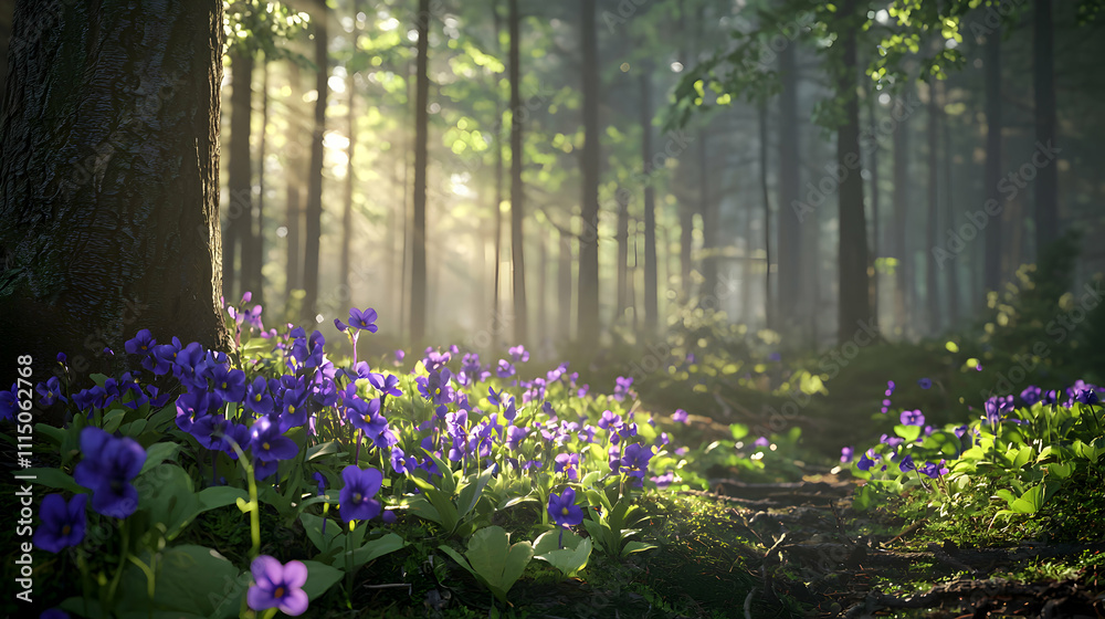 Obraz premium Tranquil Forest Scene with Violets Blossoming