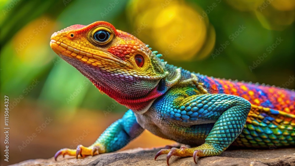Fototapeta premium Vibrant lizard displaying colorful scales on a surface , colorful, lizard, vibrant, scales, unique, posture, exotic, reptile