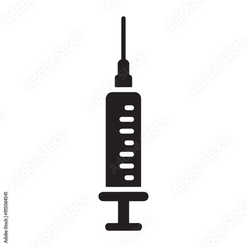 Syringe injection icon silhouette vector illustration. Medical black syringe, vaccine symbol vector art.