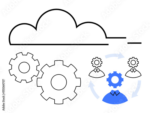 Cloud outline, gears indicating process and efficiency, team members with gear heads symbolizing collaboration. Ideal for teamwork, cloud computing, data processing, efficiency, automation, tech
