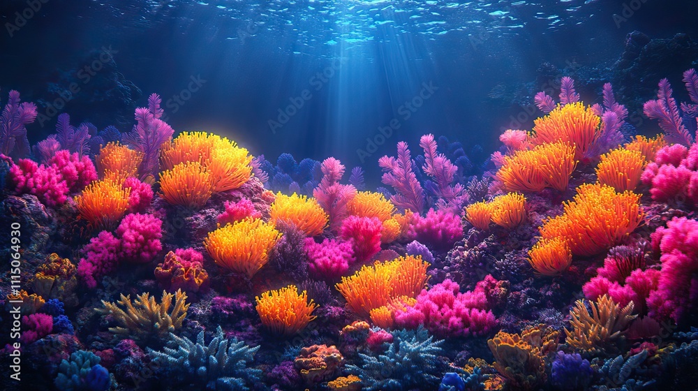 Fototapeta premium Illustration of a vibrant underwater coral reef, symbolizing the rich biodiversity of tropical marine ecosystems