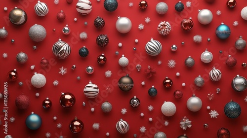 Delicate and colorful holiday ornaments scatter across a bright red backdrop, showcasing an array of textures and designs. Perfectly arranged, they evoke a sense of celebration and warmth photo