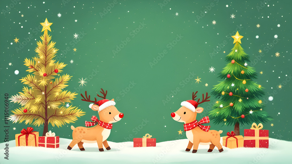 Fototapeta premium Reindeer and Santa with Xmas tree illustration on green background. 