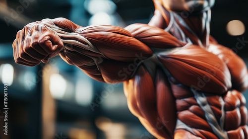 Muscular arm flexing with detailed veins and tendons visible, symbolizing strength and physiology, close-up view emphasizing muscle structure and human anatomy. photo