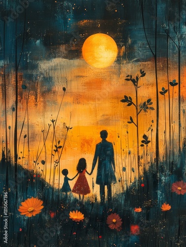 Family Silhouette in a Field of Wildflowers under a Golden Moon