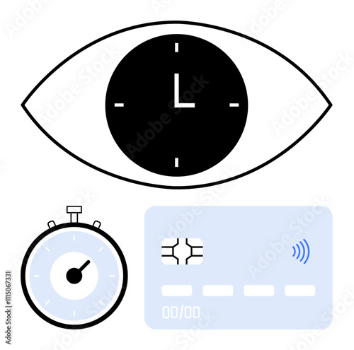 Eye with clock for time awareness, stopwatch for precise timing, contactless payment card for quick transactions. Ideal for efficiency, productivity, time tracking, digital payments, modern