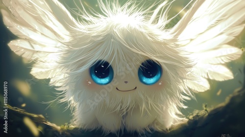 small fantasy white creature like just a fuzzball with mouth hidden by hairs or feathers, full hairs, with big white wings , big blue innocent eyes, cute, kawaÃ¯ --no legs and beak, it's not a bird photo