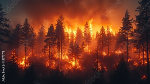 Massive forest wildfire, illustrating the dramatic environmental crises and the emergency responses required