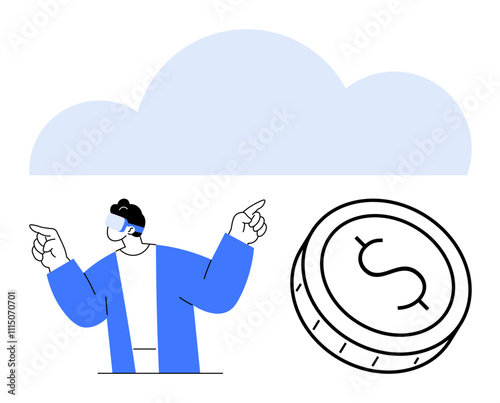 Man wearing VR headset pointing in different directions near large coin with dollar sign under light blue cloud. Ideal for financial technology, cloud computing, virtual reality, investments, digital
