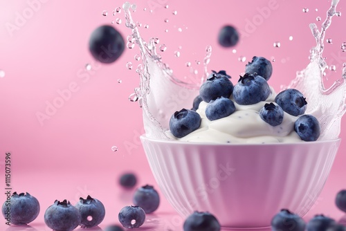Fresh blueberries being dropped into a bowl of creamy yogurt with splashes captured in motion