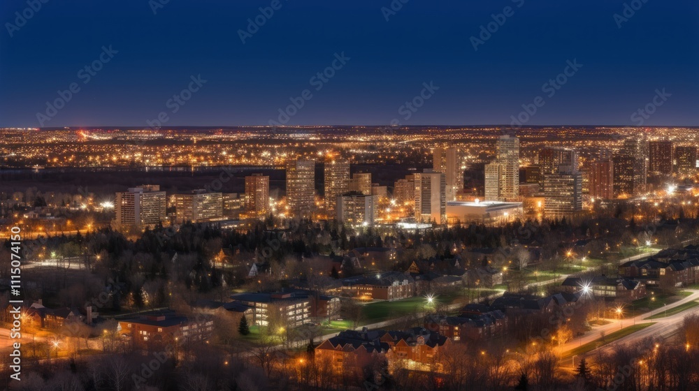 Fototapeta premium A nighttime cityscape showcasing illuminated buildings and urban greenery.