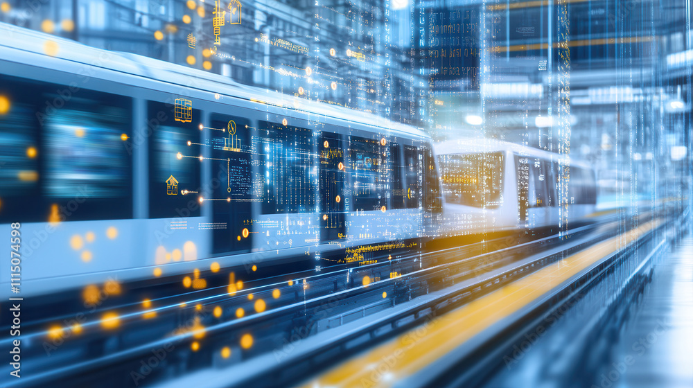 Fototapeta premium Futuristic smart city train system with digital interface and glowing data overlays