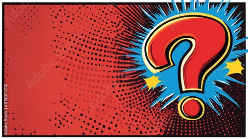 Red comic book background with large question mark.
