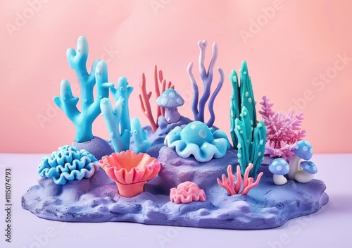 Colorful underwater scene with various coral species, seaweed, and marine life made of polymer clay. Artistic representation of ocean biodiversity. photo
