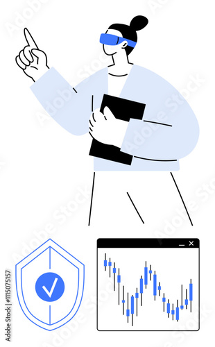 Businesswoman wearing AR glasses pointing finger while holding a tablet. Ideal for finance, technology, cybersecurity, business analysis, data visualization, stock trading, innovation. Line metaphor