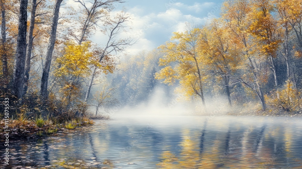 Obraz premium A serene autumn landscape with mist over a tranquil river, surrounded by colorful trees.