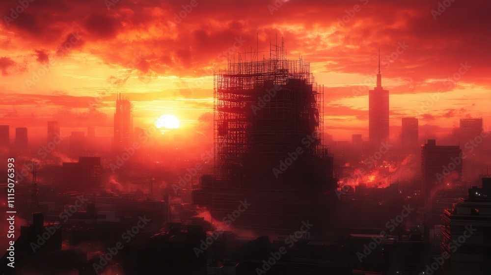 Fototapeta premium Urban Skyline at Sunset with Silhouetted Skyscrapers and Dramatic Red Sky in a Modern Cityscape