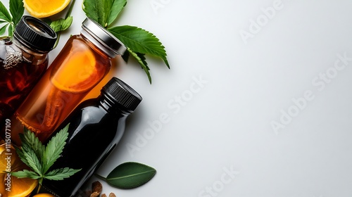 Freshly squeezed fruit and herbal beverage bottles, arranged on a white background with green leaves and citrus fruits. photo