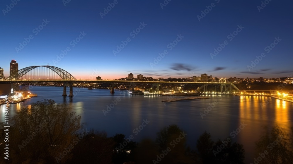 Fototapeta premium A serene twilight view of a city skyline with bridges over a calm river.