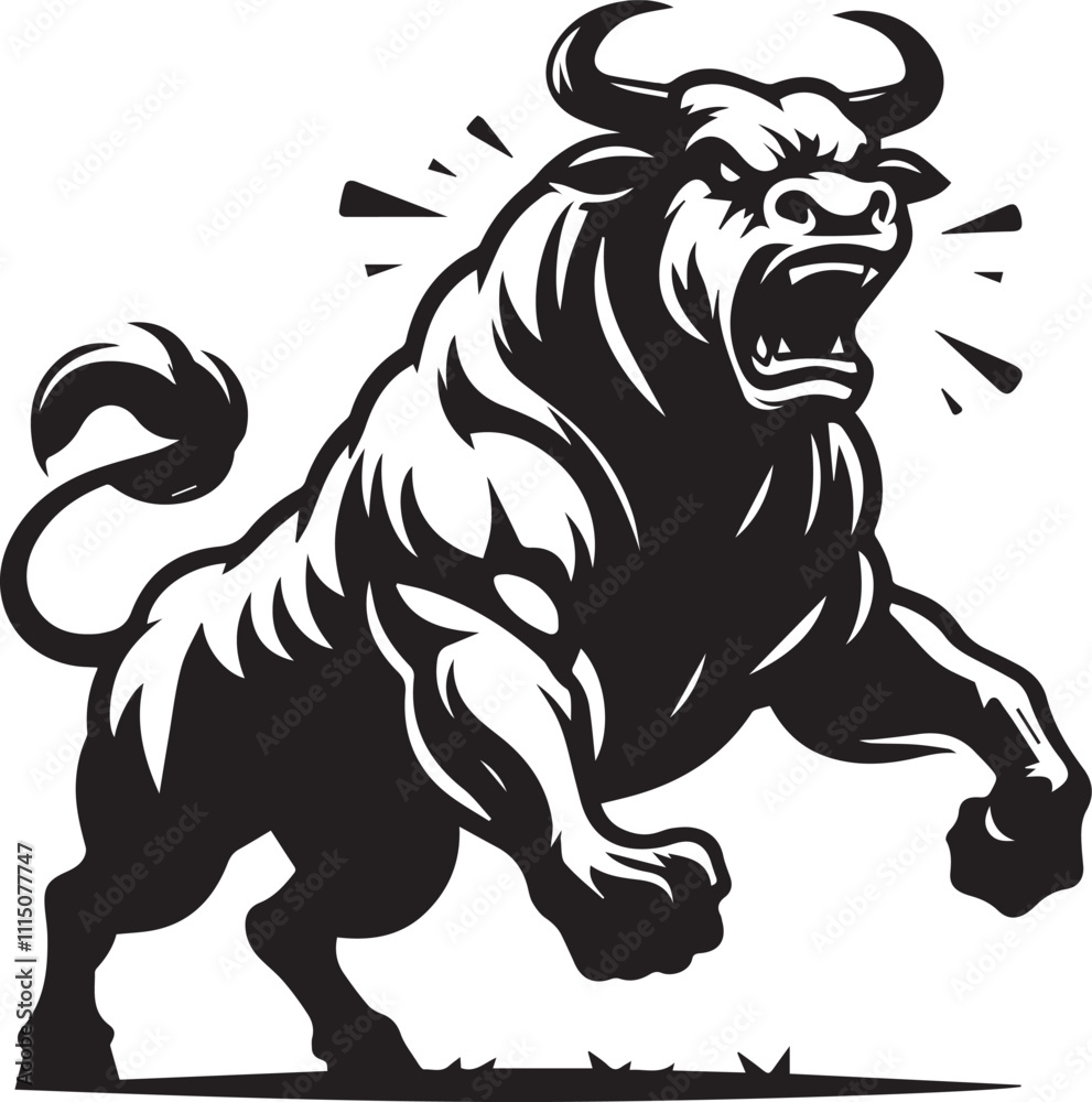 Obraz premium black and white bull, angry Cow Silhouette vector black and white