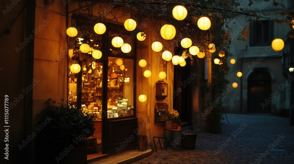 Fototapeta premium A cluster of yellow-orange decorative lights hangs in front of a vintage storefront.