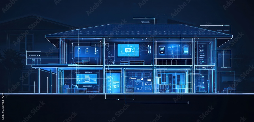 Smart home energy system cross-section in a schematic design with digital data displays.