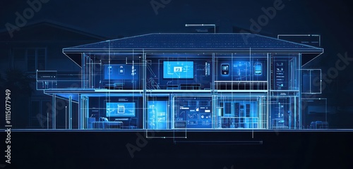 Obraz na płótnie Smart home energy system cross-section in a schematic design with digital data displays. w salonie