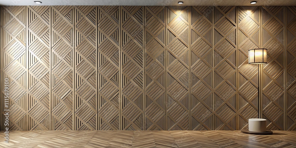 Obraz premium Elegant geometric wood paneling wall with floor lamp and pedestal