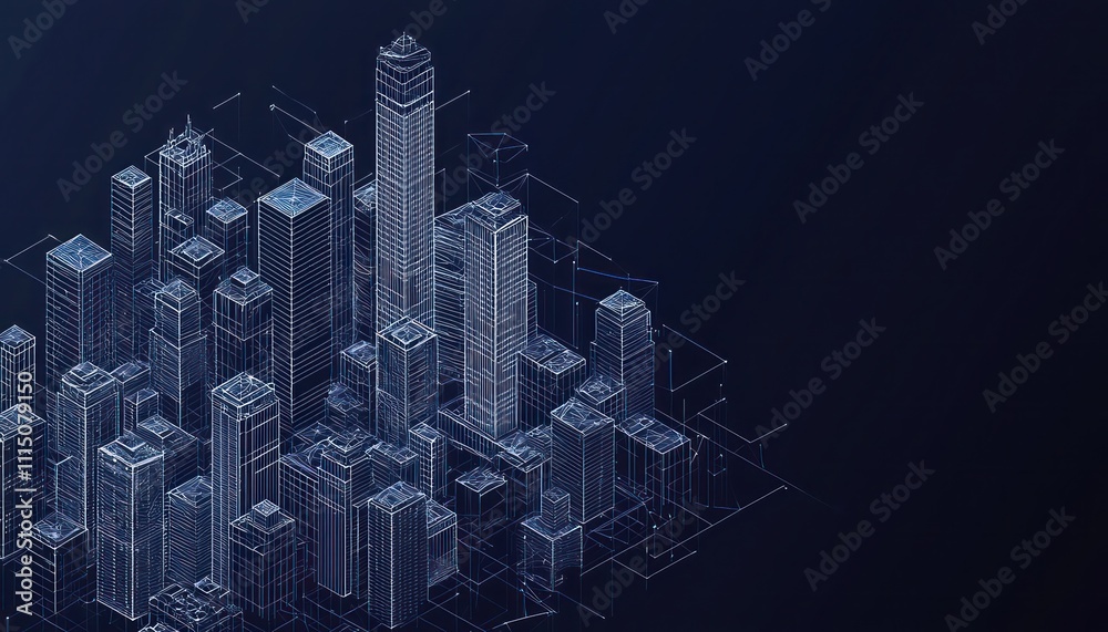 3D isometric city skyline with tall buildings, dark navy background.