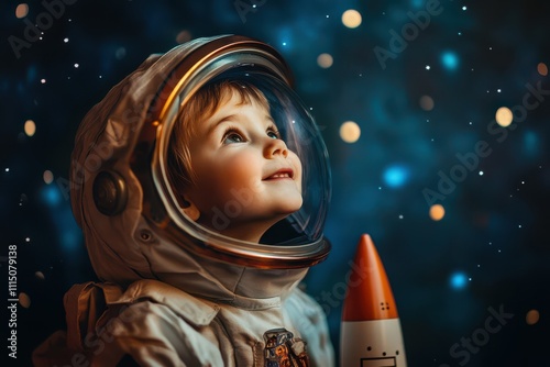 A joyful young child dressed in an astronaut suit looks up dreamily with a toy rocket by their side photo