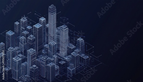 Obraz na płótnie 3D isometric city skyline with tall buildings, dark navy background. w salonie