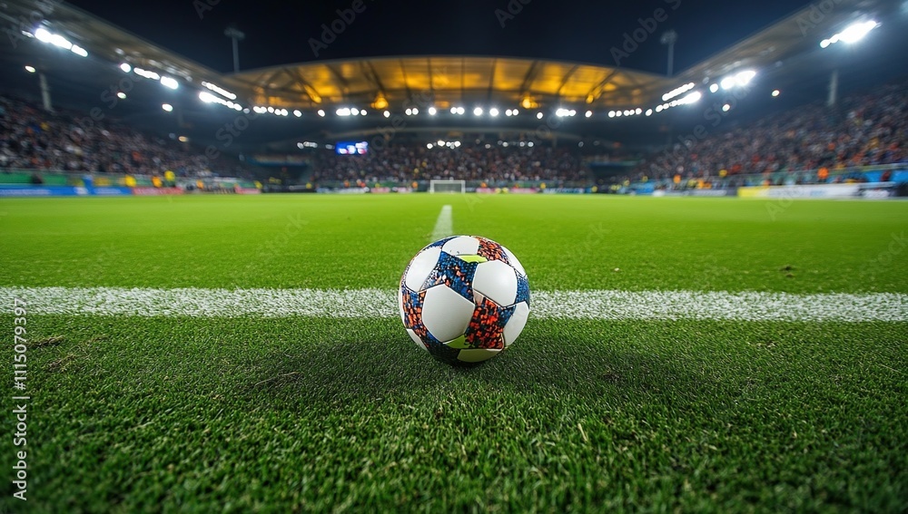Naklejka premium Soccer Ball on Green Field, Stadium Lights Gleam Brightly at Night, Awaiting the Kickoff. Exciting Game.